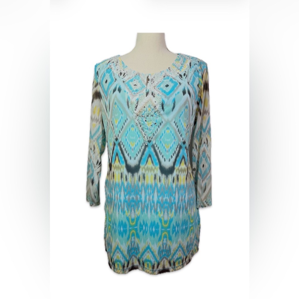 INC International Concepts Multicolor Top Size L Tunic with Beaded Neckline